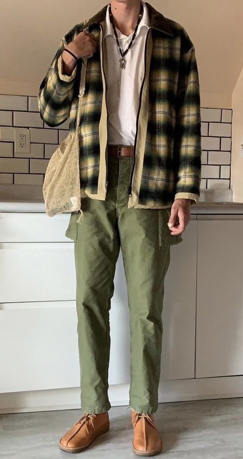 Comfy Core Outfits Men, Earth Tone Flannel, Art Student Aesthetic Outfit Men, Hobbit Outfit Aesthetic Male, Folklore Aesthetic Outfits Men, Farmcore Outfit Male, Casual Male Outfits Aesthetic, Cottage Core Aesthetic Outfit Men, Cottagecore Mens Outfits