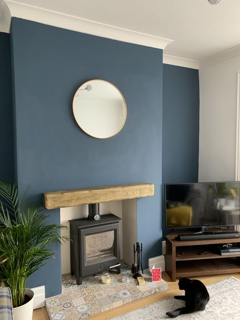 Feature Wall Colors Living Room, Lounge Room Wall Colours, Colour Feature Wall Living Room, Fireplace With Feature Wall, Log Burner Feature Wall Living Rooms, Blue Wall Fireplace, Bedroom Feature Wall Colours, Painted Feature Wall Living Room, Living Room Blue Feature Wall