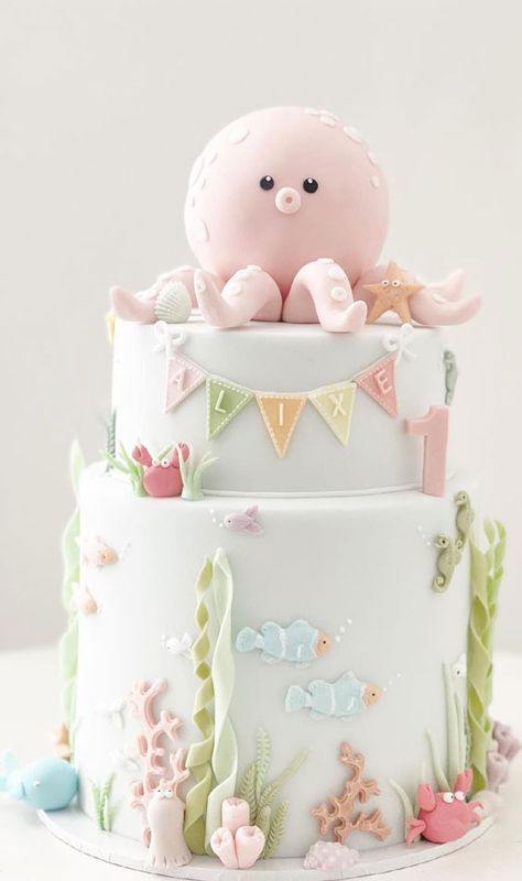 55+ Cute Cake Ideas For Your Next Party : Full Bloom Floral 2 Tier Cake Two The Sea Birthday Cake, Cute Cake Ideas, Under The Sea Birthday Cake, Ocean Birthday Cakes, World Cake, Princess Ideas, Under The Sea Cake, Cake Boy, Ocean Cakes