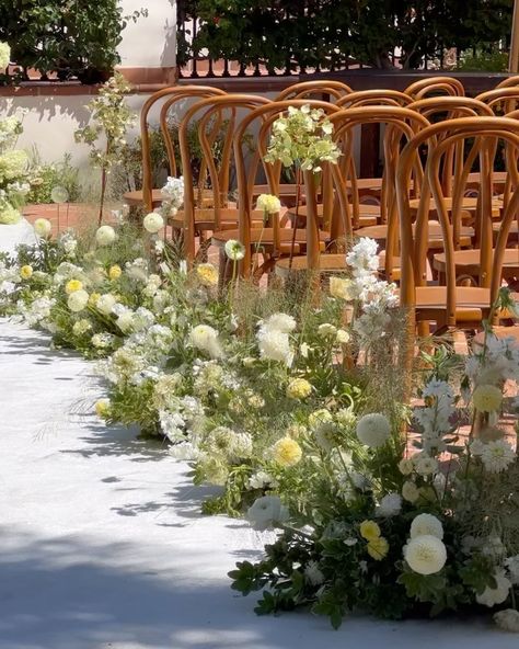 Grounded Aisle Arrangements, Large Aisle Arrangements, Wedding Ceremony Florals On Ground, Meadow Inspired Wedding, Back Of Aisle Arrangements, Grounded Ceremony Arch, Grounded Flower Arch, Wedding Florals Greenery, Yellow Wedding Ceremony