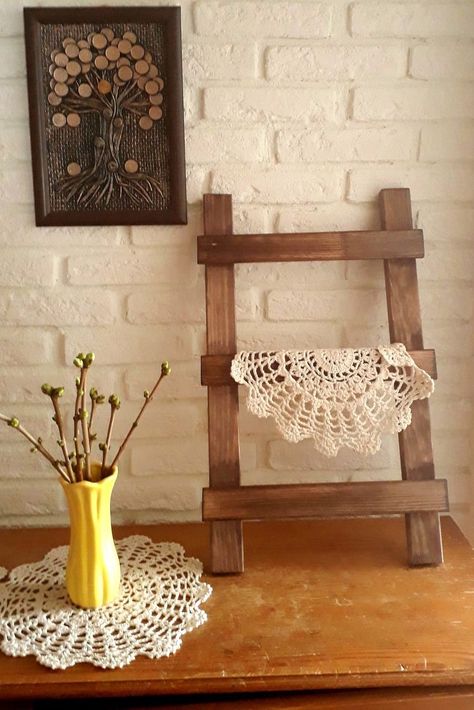 Mini Ladder Decor Ideas, Mini Ladder Decor, Tea Towel Ladder, Diy Farmhouse Decoration, Constellation Wall Art, Kitchen Ladder, Towel Ladder, Sunroom Decorating, Simple Interior Design