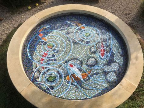 Koi pond garden mosaic by Gary Drostle Mosaic Water, Small Urban Garden, Mosaic Birdbath, Mosaic Garden Art, Mosaic Art Projects, Mosaic Tile Art, Yorkshire Uk, Mosaic Table, Mosaic Garden