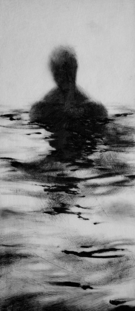 Clara Lieu, lithographic crayon on Dura-Lar.  This drawing is from "Wading", a project that presents the most severe form of isolation as loneliness that is experienced when physically surrounded by other people. The presence of others is what can intensify the experience of loneliness for an individual.  I visually portray loneliness as the experience of feeling unseen and unknown within a group. Art Sinistre, Výtvarné Reference, Art Noir, 흑백 그림, Charcoal Art, Seni Cat Air, Dark Art Drawings, Arte Obscura, Wow Art