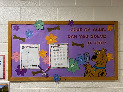 #college #ra #bulletinboard #games #puzzles Scooby Doo Ra Bulletin Board, Scooby Doo Bulletin Board, Scooby Doo Classroom Theme, Ra Hall Themes, Res Life Bulletin Boards, Classroom Vibes, Door Decorations College, Dorm Themes, High School Bulletin Boards