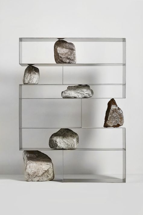 Lee Sisan Stone Shelf, Functional Furniture, Shelf Design, Natural Phenomena, Steel Design, Display Case, Store Design, Concept Store, Interior Spaces