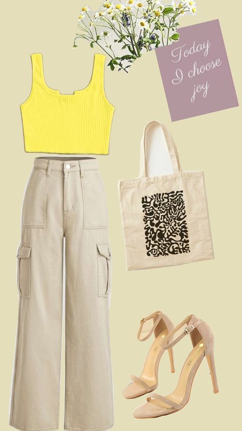 Feel the sunshine in every step with this breezy yellow tank top paired effortlessly with beige wide-leg jeans. The playful side pockets add that extra touch of laid-back charm, perfect for keeping it cool and comfy. Whether you're out for a stroll or catching up with friends, this look keeps things casual yet chic. Pair it with a tote and your fave heels for that “I woke up like this” vibe. 🌼✨ #springoutfits # springvibes # spring Yellow Tank, Yellow Tank Top, Yellow Outfit, Choose Joy, Spring Vibes, The Sunshine, Wide Leg Jeans, Spring Outfits, Leg Jeans