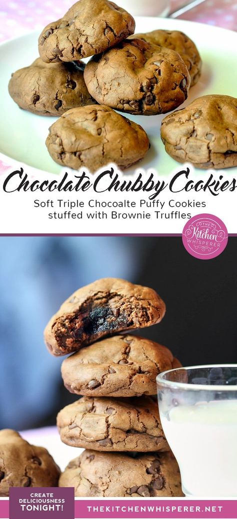 These Chubby triple chocolate cookies are stuffed with a brownie ganache center making them absolutely irresistible. Rich, decadent and truly one of the best cookies you'll ever eat!  #chocolate #brownie #cookie Brownie Ganache, Chocolate Brownie Cookie, Fluffy Cookies, Chewy Chocolate Chip Cookies Recipe, Brownie Truffles, Cookie Recipes From Scratch, Triple Chocolate Cookies, Toffee Chips, Lime Cookies