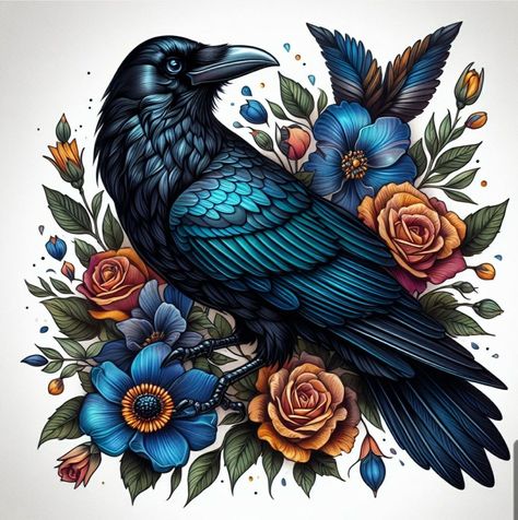 Black And Blue Tattoos For Women, Crow Tattoo With Flowers, Neotrad Bird Tattoo, Neo Traditional Raven Tattoo, Raven Tattoo Ideas Women, Blue Bird Tattoos, Creepy Flower Tattoos, Nature Sleeves, Neotraditional Flower Tattoo