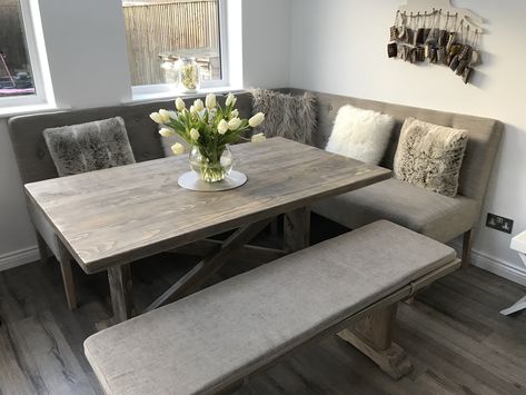 Corner Bench Tables, Dining Room Ideas With Bench Seating, Bench Kitchen Table Corner, Table With Corner Bench, Grey Kitchen Table With Bench, Corner Bench Table Kitchen, Bench Style Kitchen Table, Dining Table Sofa Seating, Bench Dinning Room Ideas