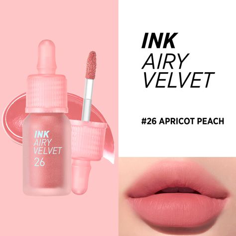 peripera ink airy velvet in shade #26 apricot peach warm tone and cool tone Korean Lippies, Peripera Airy Ink Velvet, Ink Airy Velvet Lip Tint, Ink Airy Velvet, Cartoon Coral, Lipstick Colour, Velvet Lip Tint, Korean Lips, Lip Shades