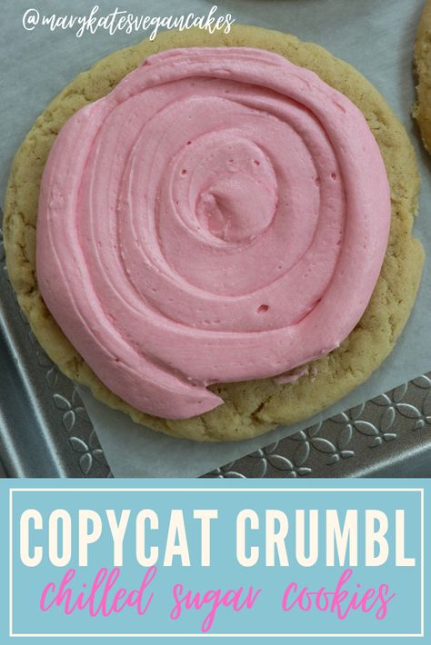 These copycat crumbl chilled sugar cookies are topped with the most delicious almond frosting! #vegan #veganrecipe #veganrecipeseasy #vegandessert #vegandessertrecipes #marykatesvegancakes Dairy Free Crumbl Cookie, Vegan Crumbl Cookies, Vegan Crumble Cookies, Sugar Cookies Vegan, Vegan Copycat, Cooked Frosting, Vegan Crumble, Almond Frosting, Crumble Cookie Recipe