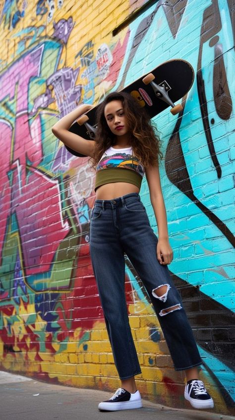 Young woman in urban skateboarding attire posing with skateboard in front of colorful mural, showcasing modern street style and urban art. Skateboarder Pose, Urban Poses Street Styles, Posing With Skateboard, Skateboarding Poses, Skateboarding Photoshoot, Urban Style Photoshoot, Skateboard Poses, Woman Skateboarding, Mural Backdrop