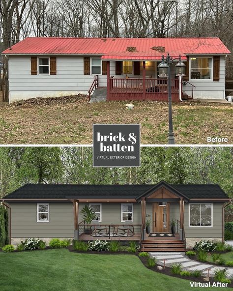 Double Wide Front Porch Ideas, Manufactured Home Exterior, Mobile Home Siding, Manufactured Home Porch, Double Wide Remodel, Modern Mobile Homes, Mobile Home Exteriors, House Colors Exterior, Lake Property