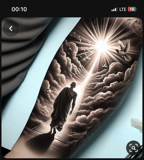 Stairway To Heaven Tattoo, Religous Tattoo, Cloud Tattoo Design, Dc Tattoo, Heaven Tattoos, Christian Sleeve Tattoo, Band Tattoos, Forearm Band Tattoos, Full Sleeve Tattoo Design