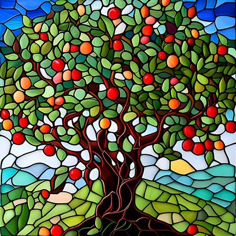 Fourth in a series of faux stained glass apple tree illustrations Stained Glass Apple, Apple Tree Painting, Glass Trees, Arty Ideas, Glass Apple, Faux Stained Glass, Tree Illustration, Apple Tree, Tree Painting