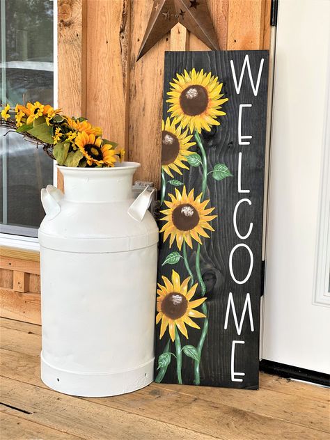 Porch Sign. Welcome Porch Sign. Sunflower Porch Sign. https://etsy.me/38eXAq4 #black #yellow #unframed #entryway #countryfarmhouse #porchsign #welcomeporchsign #sunflowerporchsign #verticalporchsign Country Porch Decor, Summer Porch Signs, Welcome Porch Sign, Porch Pumpkins, Wooden Porch, Wooden Welcome Signs, Front Porch Signs, Porch Welcome Sign, Summer Porch