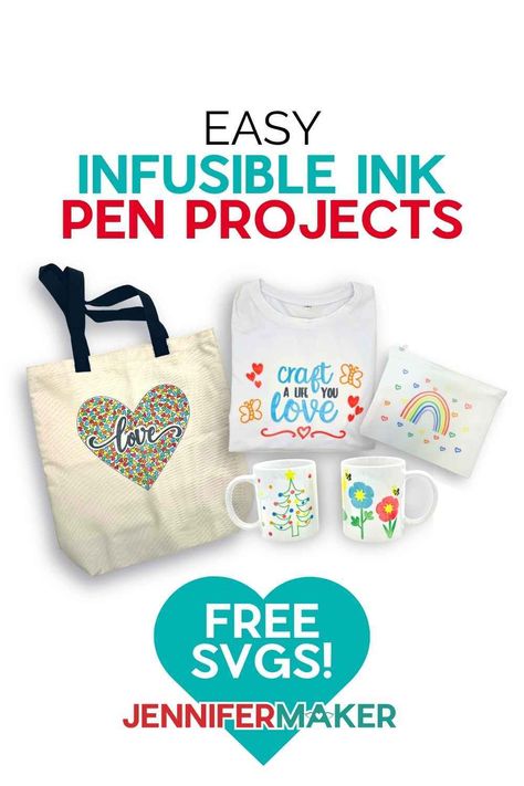 How to make fun Infusible Ink pen projects with mugs, shirts, and bags! Weekend Schedule, Pen Projects, Jennifer Maker, Trending Crafts, Laser Paper, Ink Crafts, Baby Sewing Projects, Infusible Ink, Crafts Workshop