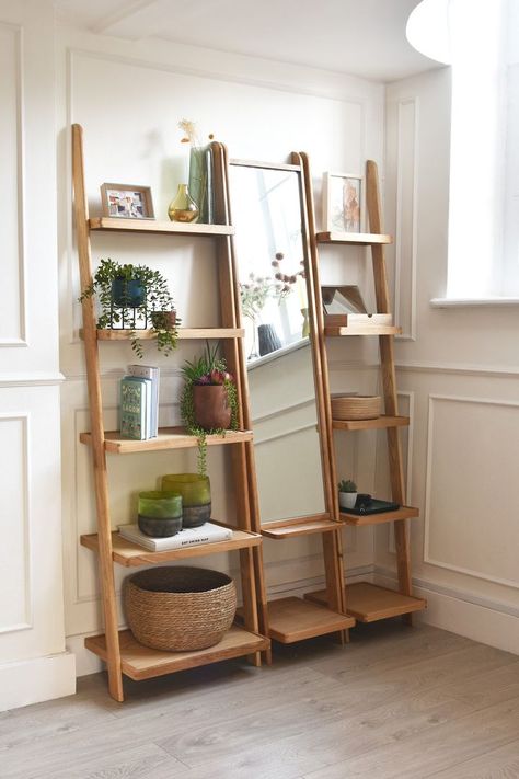 Futon Company Oak Leaning Ladder Shelves and Mirror Leaning Ladder Shelf, Leaning Shelf, Ladder Shelves, Leaning Ladder, Ladder Shelf, Small Homes, Smart Storage, Soft Textiles, Small Space Living