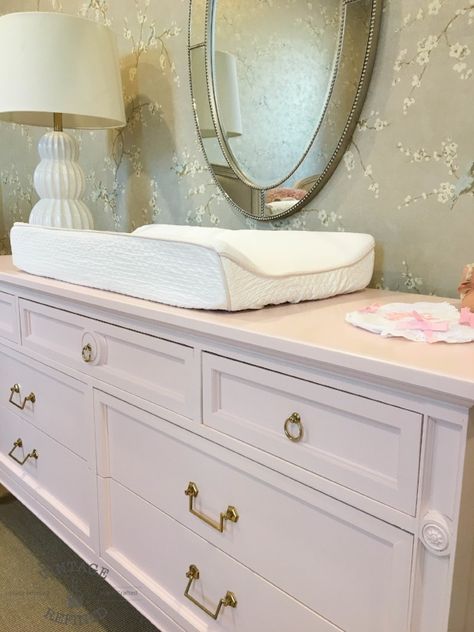 Painted Dresser Nursery, Nursery Dresser Diy, Pink Painted Dresser, Painted Nursery Furniture, Girl Dresser, Pink Dresser, Nursery Reveal, Pink Crib, Baby Dresser