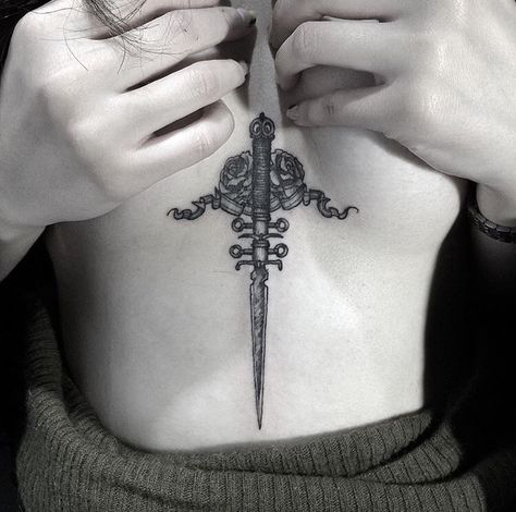 Sternum Tattoo by Jiman at Borndayz Tattoo. (Seoul, South Korea) Sternum Knife Tattoo, Raven Sternum Tattoo, Sternum Tattoo Dagger, Dark Sternum Tattoo, Dagger Sternum Tattoo, Goth Sternum Tattoo, Dragon Sternum Tattoo, Gothic Sternum Tattoo, Pixie Tattoo