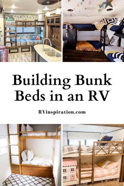 See how 10 RV owners built and added bunks to their campers, motorhomes, and travel trailers. | RVinspiration.com | #RVremodeladdingbunks #addingbunkstorvtraveltrailers #addingbunkstorv #buildbunksincamper Small Camper Bunkhouse Remodel, Adding Bunk Beds To A Camper, Adding Bunks To Camper, Fifth Wheel Bunkhouse Remodel, Rv Bunk Remodel, Bunkhouse Travel Trailer Remodel, Diy Rv Bunk Beds, Renovated Motorhome, Camper Bunkhouse Remodel