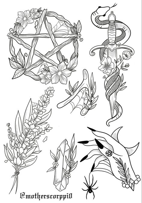 Pentacle Tattoo, Pagan Tattoo, Elements Tattoo, Witch Tattoo, Floral Cottage, Muster Tattoos, Spooky Tattoos, Goblin Core, Pentacles