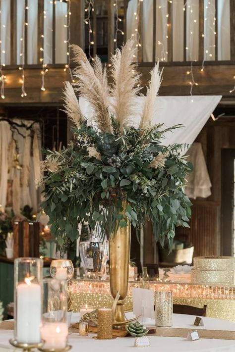 Rustic Glam centerpiece, protea, pampas grass, greenery wedding centerpiece  #weddings #rosesandrings #weddingcenterpieces #weddingideas #himisspuff #bohemian #wedding Engagement Unique, Grass Centerpiece, Lilac Wedding Bouquet, Greenery Wedding Centerpieces, Gold Centerpieces, Candle Wedding Centerpieces, Tafel Decor, Unusual Wedding, Flowers And Greenery