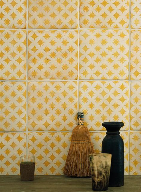 Atlas Star Anise Buttercup by Neisha Crosland http://www.firedearth.com/tiles/range/neisha-crosland-atlas/star-anise-buttercup Fired Earth Tiles, Room Floor Tiles, Wet Room Flooring, Neisha Crosland, Yellow Tile, Fired Earth, Yellow Bathrooms, Hand Painted Walls, Star Anise