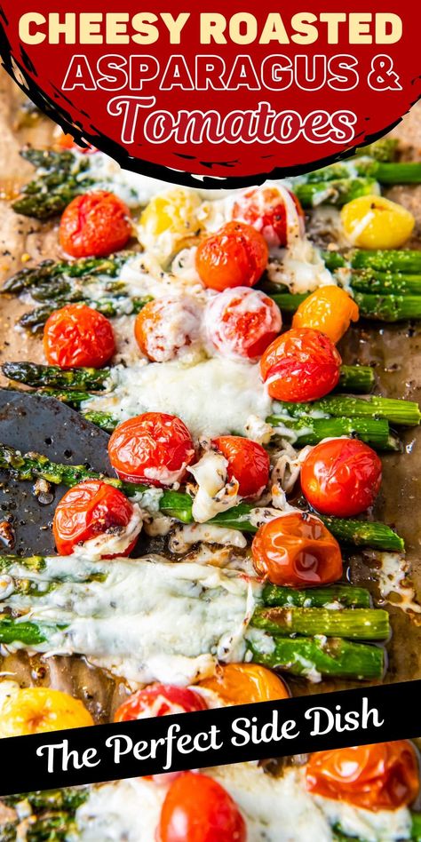 Roasted asparagus and cherry tomatoes are smothered in gooey mozzarella and parmesan cheese. You'll love this oven roasted asparagus side! Tomato Asparagus, Asparagus Tomato Recipes, Asparagus And Tomato Recipes, Asparagus And Tomato Recipes Baked, Asparagus In The Oven, Asparagus And Tomatoes, Roasted Asparagus Recipes, Roasted Asparagus And Tomatoes Oven, Roasted Tomatoes And Asparagus