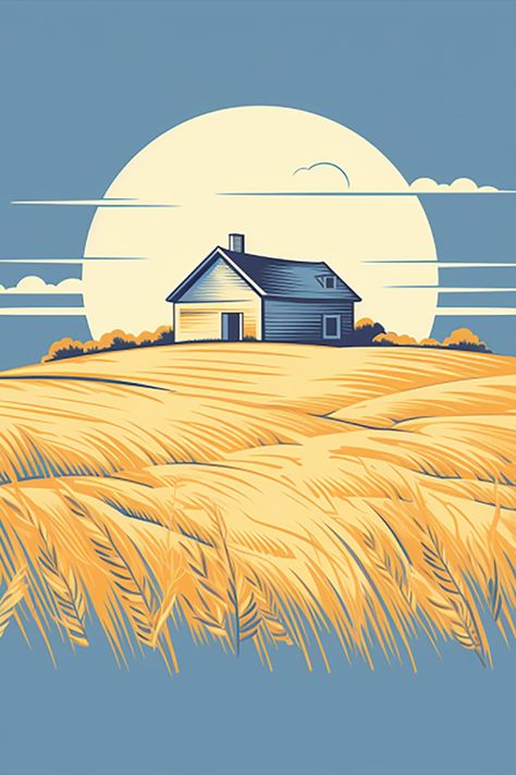 Clear Skies Over Wheat: Minimalist American Prairie Farmhouse Drawing Forest Clearing Drawing, Wheat Field Illustration, Wheat Field Drawing, Harvest Drawing, Prairie Illustration, Epq Ideas, Farmhouse Drawing, Wheat Drawing, American Prairie