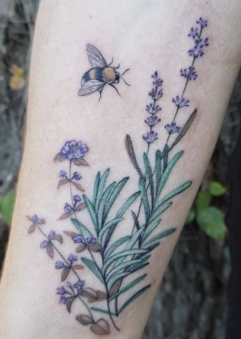 Lavander Tattoo Arm, Wildflower Bee Tattoo, Bee And Lavender Tattoo, Salvia Tattoo, Bee And Flower Tattoo, Flower Tat, Arm Tats, Lavender Tattoo, Mark Tattoo