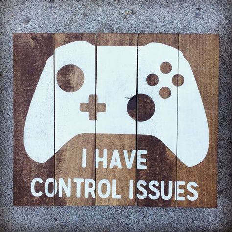 Do you know someone who JUST. CANT. PUT. DOWN. THE. CONTROL?? Its okay! We ALL have control issues! Perfect for a Playroom, Game Room, Teen Room or Man Cave! Would make a perfect gift for any gamer in your life!  Looking for a different controller? No Problem! Send us a Custom Request and we will be happy to help you! Hand painted on Walnut stained Poplar. 11T x 13W x 1D. Comes with 2 D-Ring hooks for easy hanging. **Because each piece is made by hand, there will be some differences in colori... Gaming Signs, Gamer Ideas, Teen Wall Decor, Boys Room Signs, Basement Finish, Gamer Art, Game Room Signs, Sign Inspiration, Control Issues