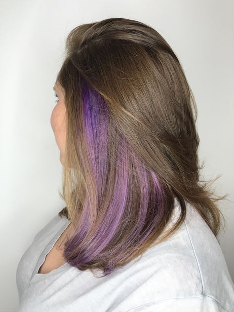 Purple Hair Highlights Underneath, Purple Peak A Boo Highlights, Front Peekaboo Hair, Purple Peek A Boo Highlights Brown Hair, Peek A Boo Purple Highlights, Pika Boo Hair Color Ideas, Purple Highlights Peekaboo, Vivid Underneath Hair, Purple Strands In Brown Hair