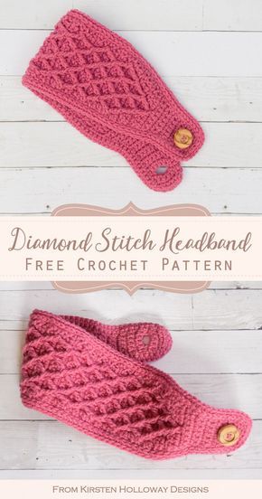 This beautiful diamond stitch headband with button closure is a quick crochet project that will keep your ears warm this winter. It can be made to fit kids or women. #crochetheadbandpatternsfree #crochet headbandpatternsfreeearwarmers #freecrochetheadbandpatternsforwomen #kirstenhollowaydesigns Free Crochet Ear Warmer Patterns For Women, Free Crochet Ear Warmers, Crochet Ear Warmers Free Pattern, Free Crochet Headband Patterns For Women, Crochet Headbands For Women Free Pattern, Crochet Hairbands Pattern Free, Crochet Headband With Button, Crochet Words, Free Headband Patterns