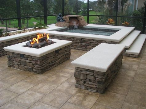 Pin by DGDV on Fire Pits | Pinterest Hot Tub And Fire Pit, Rectangle Fire Pit, Fireplaces Outdoor, Rectangular Fire Pit, Cool Fire Pits, Hot Tub Backyard, Fire Pit Designs, Diy Fire Pit, Backyard Fire