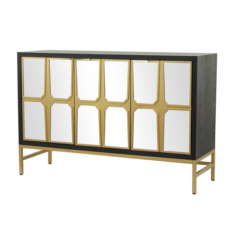 83038 | Black Wooden 1 Shelf and 3 Doors Room Cabinet with Mirrored Front, 48" x 16" x 32" Cabinet With Glass Doors, Glam Mirror, Mdf Cabinets, Mirror Panels, Clutter Free Home, Wood Cabinet, Glass Cabinet Doors, Glam Style, Wooden Cabinets