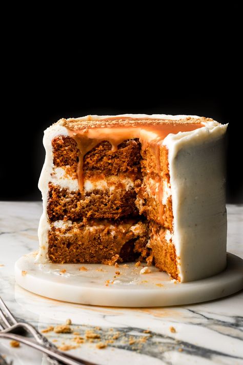 Pumpkin Cake with Cream Cheese Frosting Maple Pumpkin Cupcakes, Pumpkin Cake With Cream Cheese, Homemade Salted Caramel, Semolina Cake, Maple Pumpkin, Pumpkin Cake Recipes, Cake With Cream Cheese Frosting, Pumpkin Cream Cheeses, Cake Layers