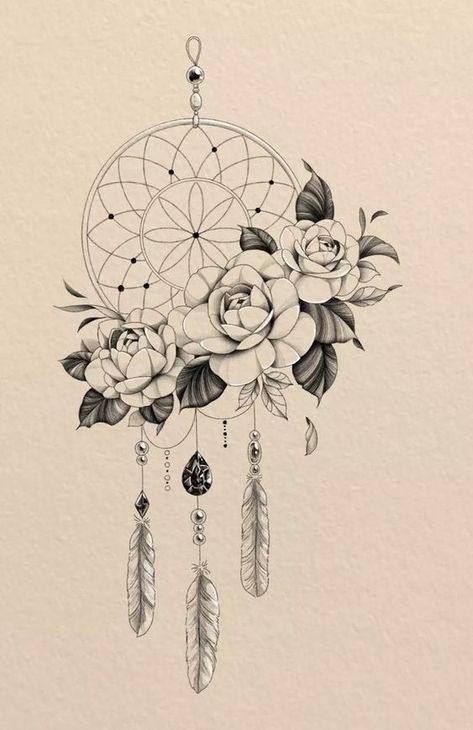 Dreamcatcher2 Floral dreamcatcher tattoo design with roses and feathers in detailed black and white illustration. | Sky Rye Design Dreamcatcher With Flowers Tattoo, Dreamcatcher Tattoo Design, Dream Catcher Sketch, Lotus Flower Outline, Popular Tattoo Designs, 10 Tattoo, Dream Catcher Tattoo Design, Flower Outline, Constellation Tattoos