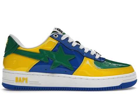 A Bathing Ape Bape Sta Brazil Sneakers in Blue/Yellow/Green Bape Shoes, Bape Sneakers, Bape Sta, Ape Bape, Bold Shoes, Custom Air Force 1, Bathing Ape, Swag Shoes, Hot Sneakers