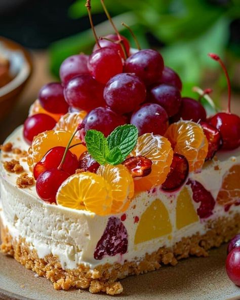 Fruit Salad Cheesecake, Fruit Cheesecake, Tropical Fruit Salad, Lemon Cheesecake Recipes, Vanilla Wafer, Fruit Pastries, Fruit Platter, Pastry Cake, Fruit Snacks