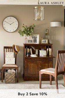 Dark Chestnut Garrat Dark Chestnut 2 Door 3 Drawer Bureau by Laura Ashley £975 Antique Office Furniture, Stylish Office Desks, Laura Ashley Furniture, Armoire Desk, Low Cupboard, Vintage Home Office, Large Round Mirror, Birch Veneer, Adjustable Shelf