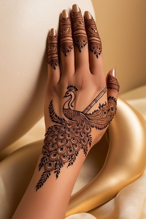 Simple Mehndi Design For Diwali, Mehendi Design For Girls Stylish, Peacock Mehndi Designs Hands Henna Art, Mehndi Latest Design Fashion, Peacock Henna Designs Back Hand, Creative Mehandi Designs, Gen Z Mehendi Designs, Simple Elegant Mehendi Designs, Henna Designs For Diwali