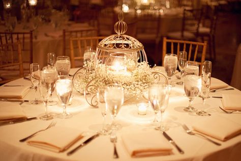 Love this unique carriage accented with candles and baby's breath! Disney Centerpieces, Disney Wedding Centerpieces, Cinderella Wedding Theme, Wedding Table Themes, Themed Wedding Decorations, Quinceañera Ideas, Blossom Wedding, Disney Inspired Wedding, Disney Wedding Theme