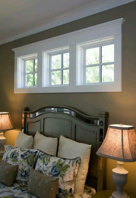 One way to redo the ugly 1970's long horizontal windows in our house. Window Above Bed, Bedroom Window Design, Bedroom Addition, Basement Windows, Bedroom Window, Basement Bedrooms, Trendy Bedroom, Above Bed, Bedroom Windows