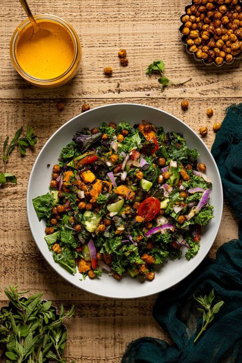 Spicy Chipotle Sweet Potato Chopped Salad Butternut Squash Vegan, Chipotle Dressing, Salad Kale, Salad For Lunch, Sweet Potato Salad, Massaged Kale, Vegan Mayonnaise, Croutons Homemade, Salad With Sweet Potato