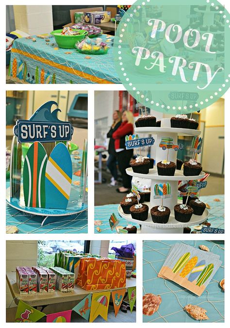 Surf's Up Pool Party | Birthday Party | Winter Party Birthday Pool Party Ideas, Indoor Pool Party, Surf Birthday Party, Pool Party Ideas, Winter Pool, Kids Party Snacks, Indoor Birthday Parties, Pool Party Cakes, Birthday Pool Party