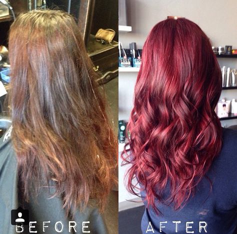 Before and after. Brown to vibrant red From Red Hair To Brown, Red Hair To Brown, Brunette To Red Hair Before And After, Brown To Red Hair Before And After, Dark Brown To Red Hair, Brunette To Red Hair, Brown To Red Hair, Brunette To Red, Lighter Brown Hair