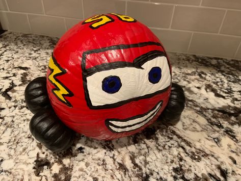 Lightening Mcqueen Pumpkin Painting, Lighting Mcqueen Pumpkin Painting, Lightning Mcqueen Pumpkin Painting, Truck Pumpkin Painting, Cars Pumpkin Painting, Red Pumpkin Painting Ideas, Lightning Mcqueen Pumpkin, Cars Pumpkin, Monster Truck Pumpkin