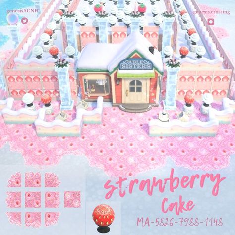 Strawberry Cake, Able Sisters Design, Strawberry Cake Path, Strawberry Hat, ACNH Animal Crossing Custom Design Code Able Sisters Design, Animal Crossing Custom Design, Able Sisters, Strawberry Hat, Rose Bonbon, Strawberry Cake, Strawberry Shortcake, Animal Crossing, Custom Design