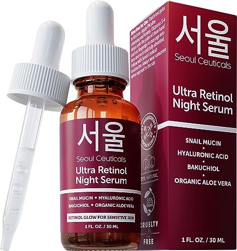 SeoulCeuticals 1% Korean Retinol Night Serum for Face - 97.5% Snail Mucin + Hyaluronic Acid + Bakuchiol, Cruelty Free K Beauty for Sensitive Skin 1oz Korean Retinol, Serum For Face, Snail Mucin, Night Serum, Retinol Serum, Rollerball Perfume, Brighten Skin Tone, Beauty Skin Care Routine, Body Treatments